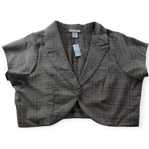 Jaime Nicole Blazer Women's 2X Neutral Plaid Tan Fitted Cropped Preppy NWT USA